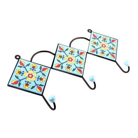 Turquoise And Yellow Tiny Flower Ceramic Tiles Hooks